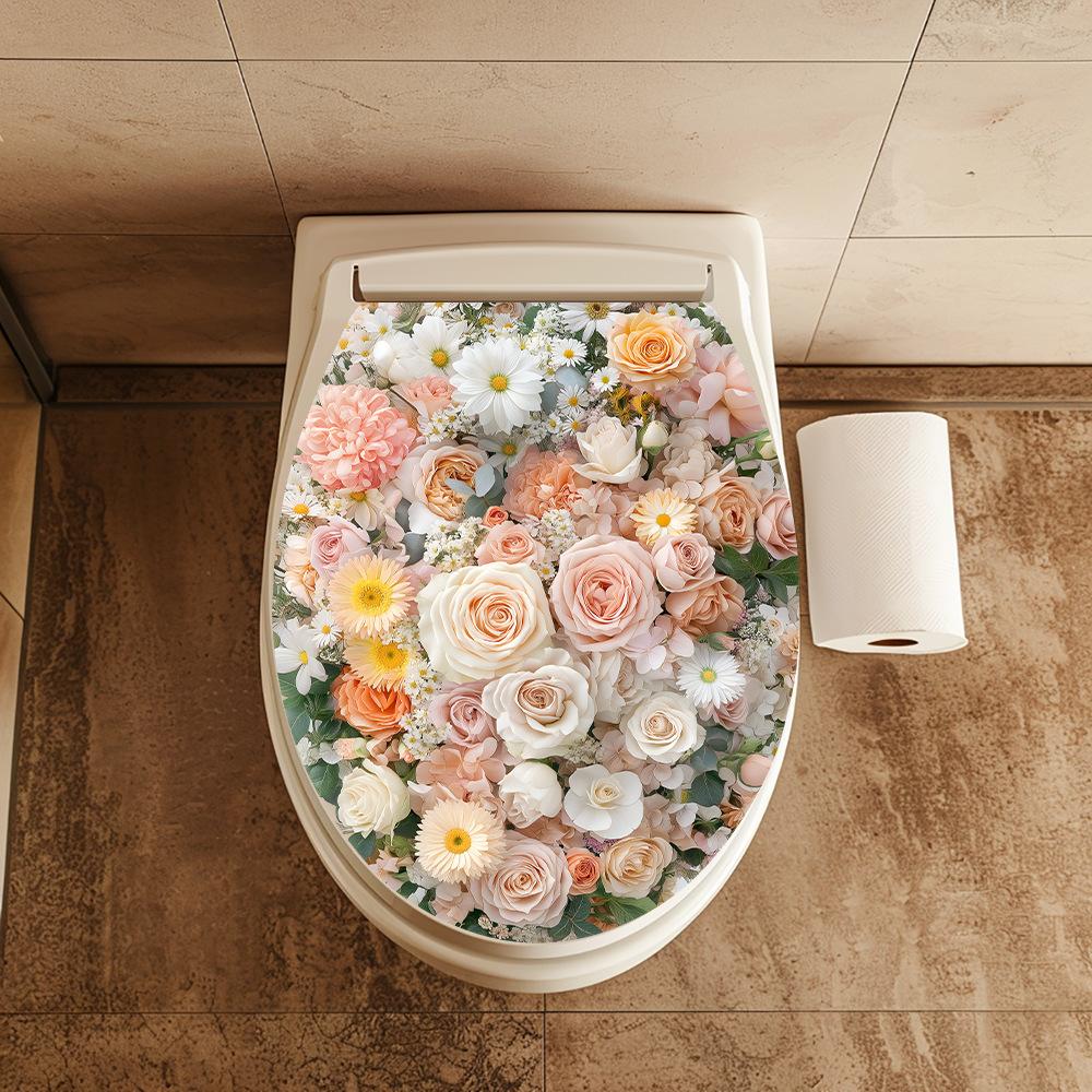 Flower Pattern Toilet Seat Cover Stickers, Bathroom and Toilet Decoration Stickers, Waterproof Toilet Stickers