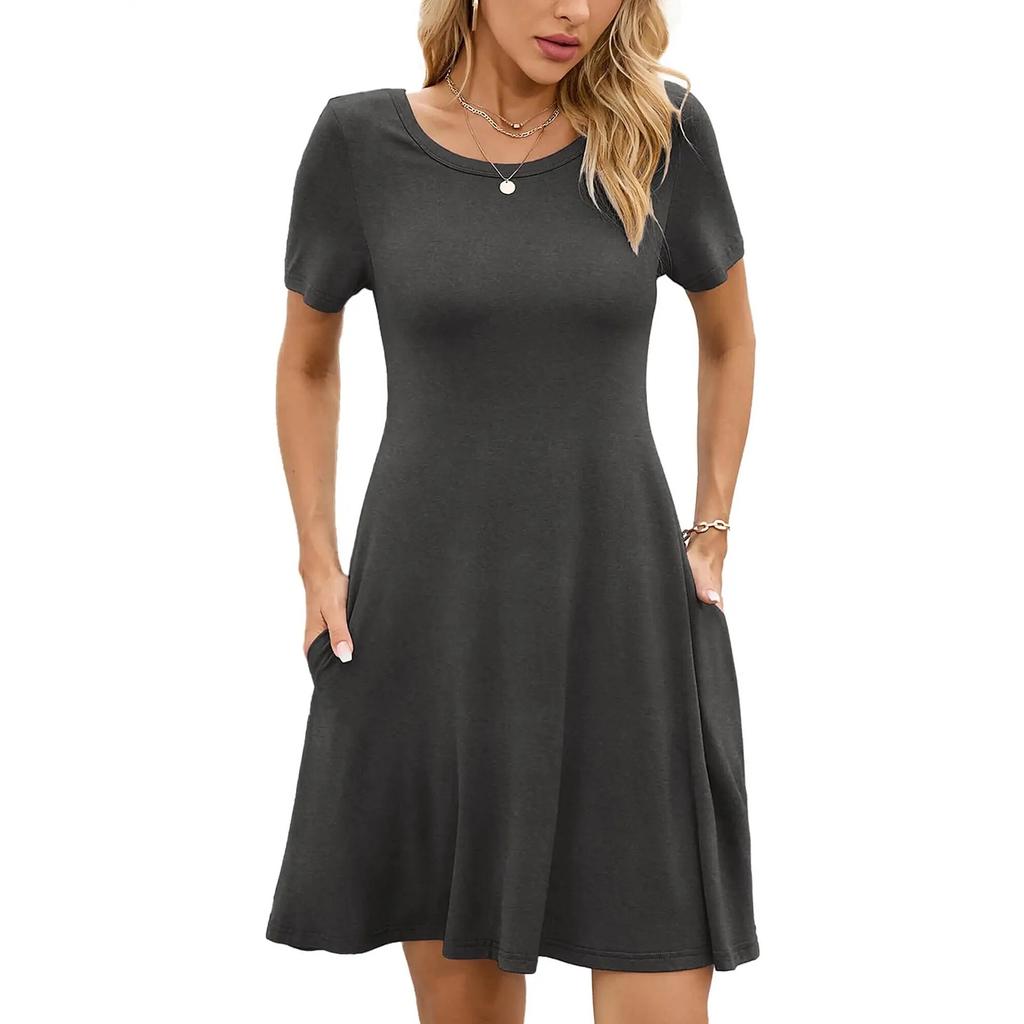 Dámské módní jarní a letní šaty s kulatým výstřihem, jednobarevné, s krátkým rukávem, áčkového střihu
