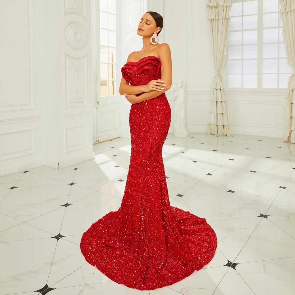 Europäisches & Amerikanisches schulterfreies Pailletten-Abendkleid - elegantes Bandeau-Brautjungfernkleid.