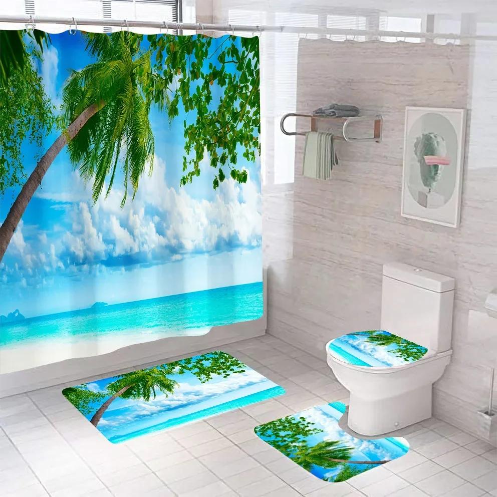 3D Seascape Beach Theme Shower Curtain Sets Toilet Cover Bath Mat Carpet Rugs Bathroom Drapes Shower Curtain Set With Hooks