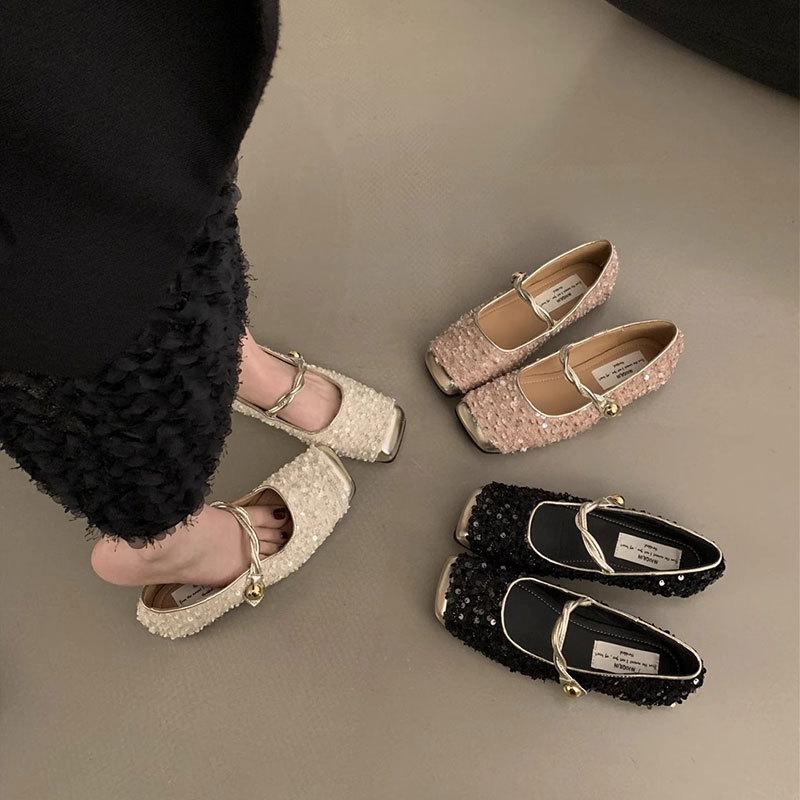 Sequined Gold Bag Head Half Slippers Women's Spring and Autumn Temperament Mary Jane Single Shoes Women's Shoes