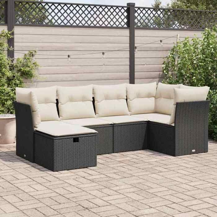 VidaXL Salon de jardin 6 pcs avec coussins noir résine tressée, ensemble de canapés d'extérieur, ensemble de canapé d'angle 3325282