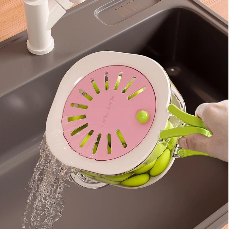 2-in-1 Double Layer Drain Basket Multifunctional Fruit Vegetable Washing Basin with Strainer Foldable Handle Strainer Bowl