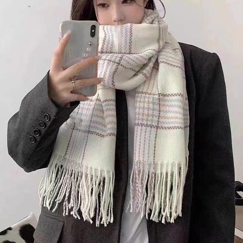 Japanese Plaid Imitation Cashmere Scarf for Women In Winter Versatile Fashion White Couple Korean Version Warm Double Sided Student Shawl