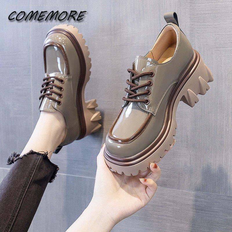 British Style Chunky Platform Pumps Casual Women's  Autumn Lace Up Thick Heels Loafers Woman Round Toe Patent Leather Shoes