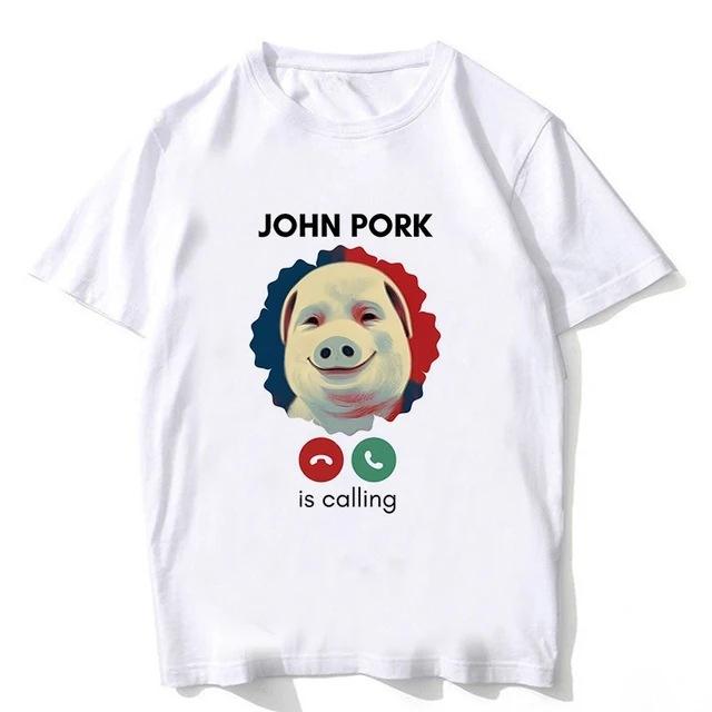 John Pork ruft an Anruf annehmen Telefon T-Shirt Humor Lustiges Schwein Grafik T-Shirt Streetwear 3D Gedrucktes Schwarzes Kurzarm T-Shirt Oberteile