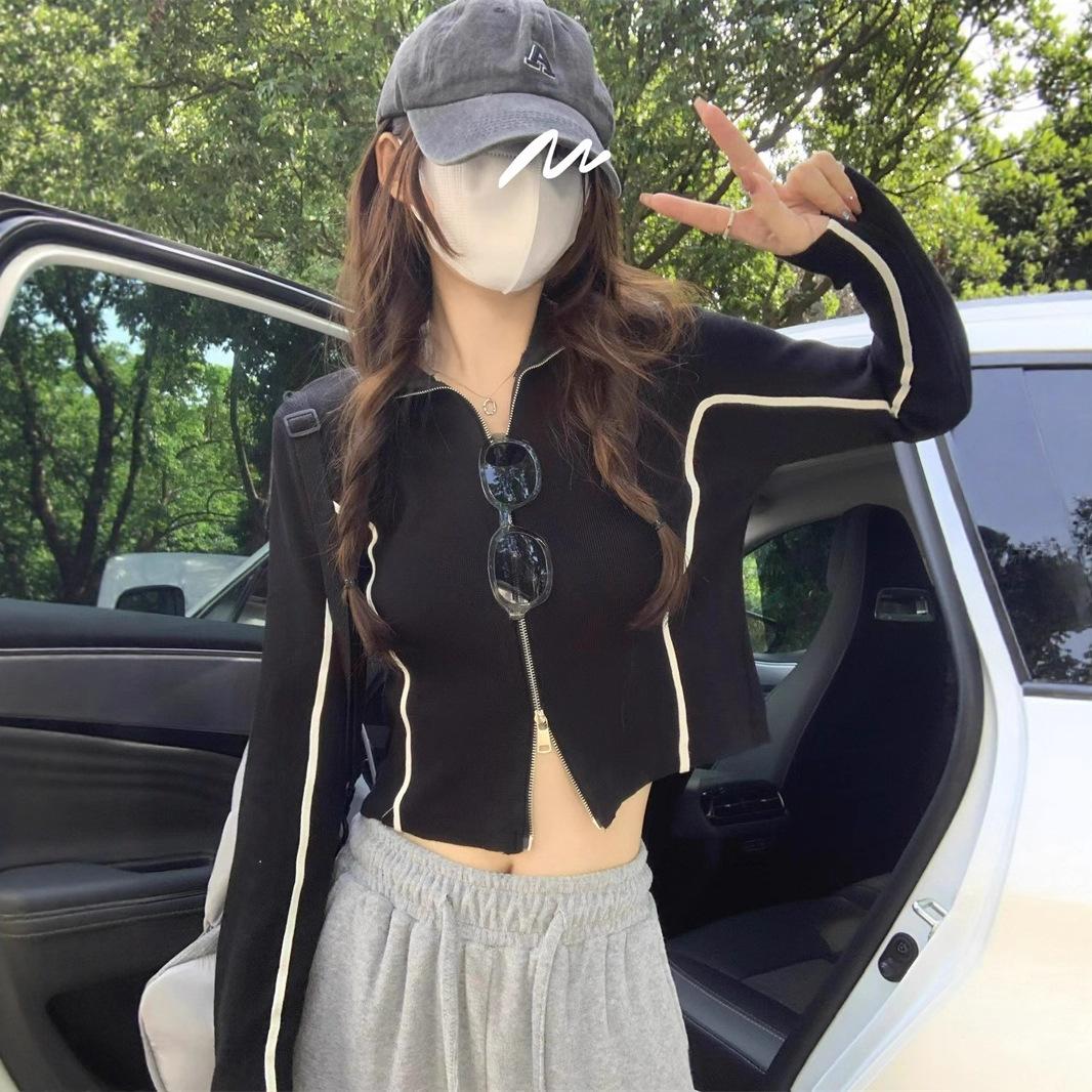 

Sweater design sense niche semi-turtleneck double zipper slim-fit knitted sweater women s autumn and winter small casual short jacket one size fits all чорний