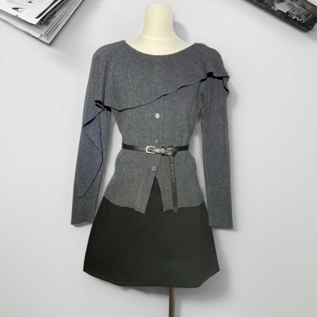 2026 Frühling Unregelmäßiger Stricktop & Woll-A-Linien-Rock Zweiteiliges Set