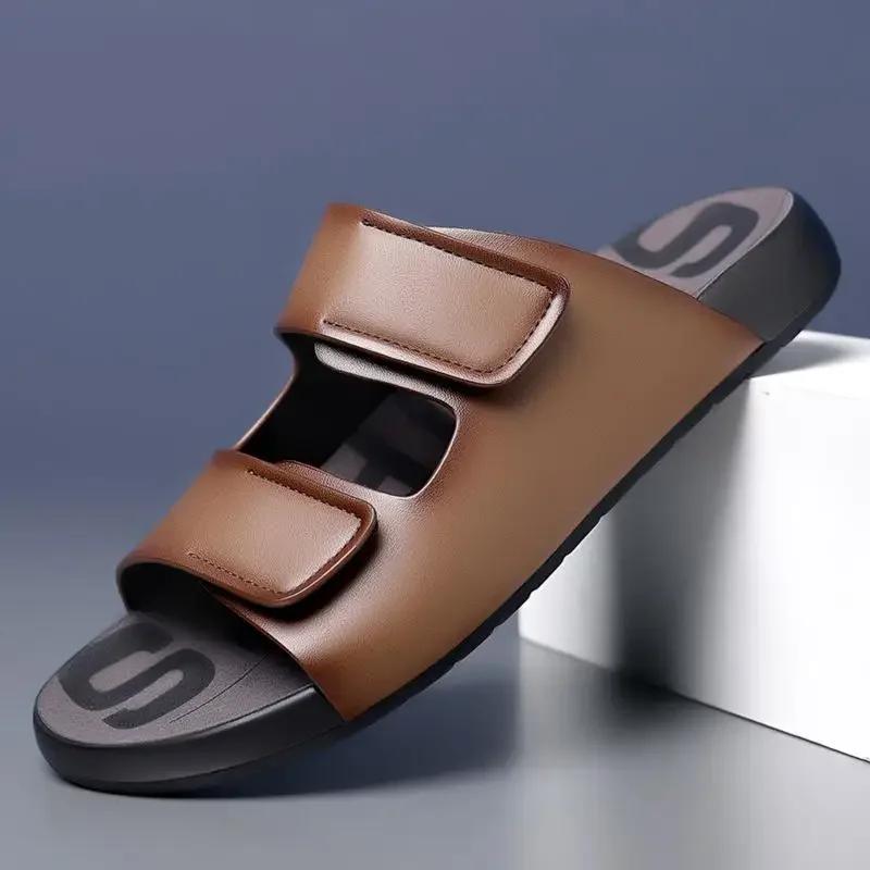 FashionSummer Fashion Leather Slippers for Men Outdoor Beach Men's Sandals Designer New Hollow Soft Soled Slip-on Flip Flops Shoes Male