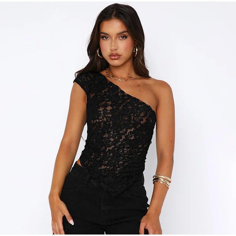 Шикарный Кружевной Асимметричный Укороченный Топ Женский Сексуальный С Открытой Спинкой Без Рукавов Облегающий Однотонный Топ Женский 2026 Мода Уличная Одежда S чёрный