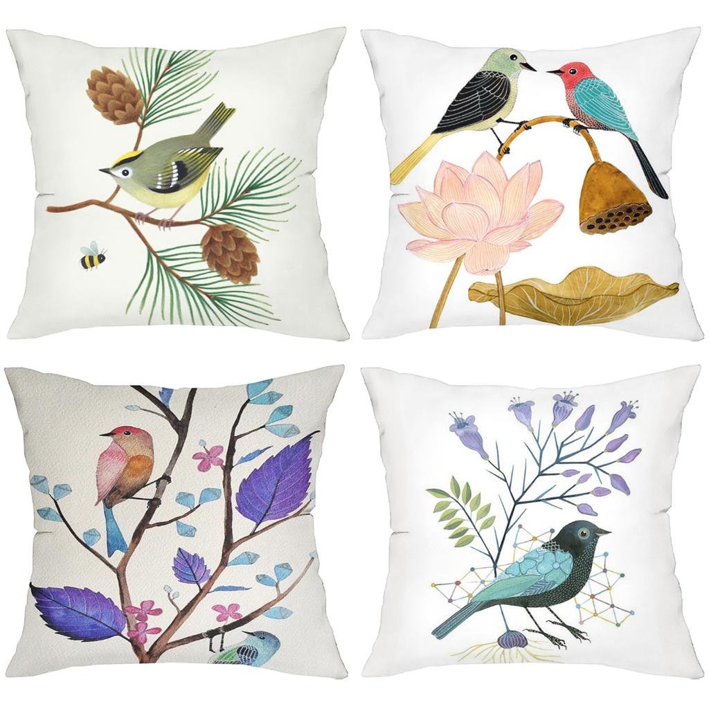 Colorful Bird And Plant Pattern Decorative Cushion Covers Polyester Pillowcase, Sofa Decorative Cushion Cov Headboard Pillow