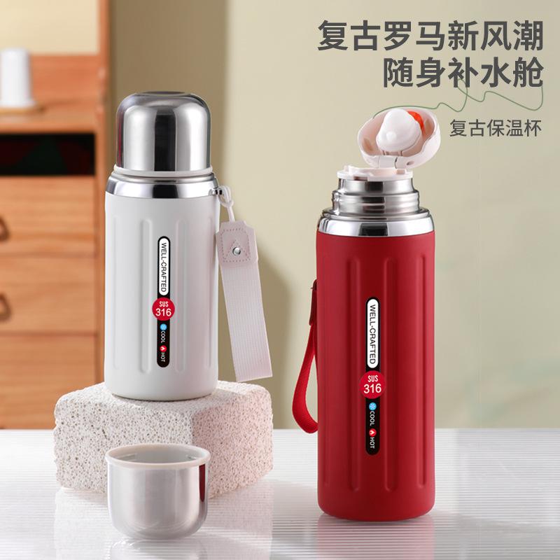 Water bottle stainless steel thermos cup retro Roman column thermos cup tea separation large capacity outdoor