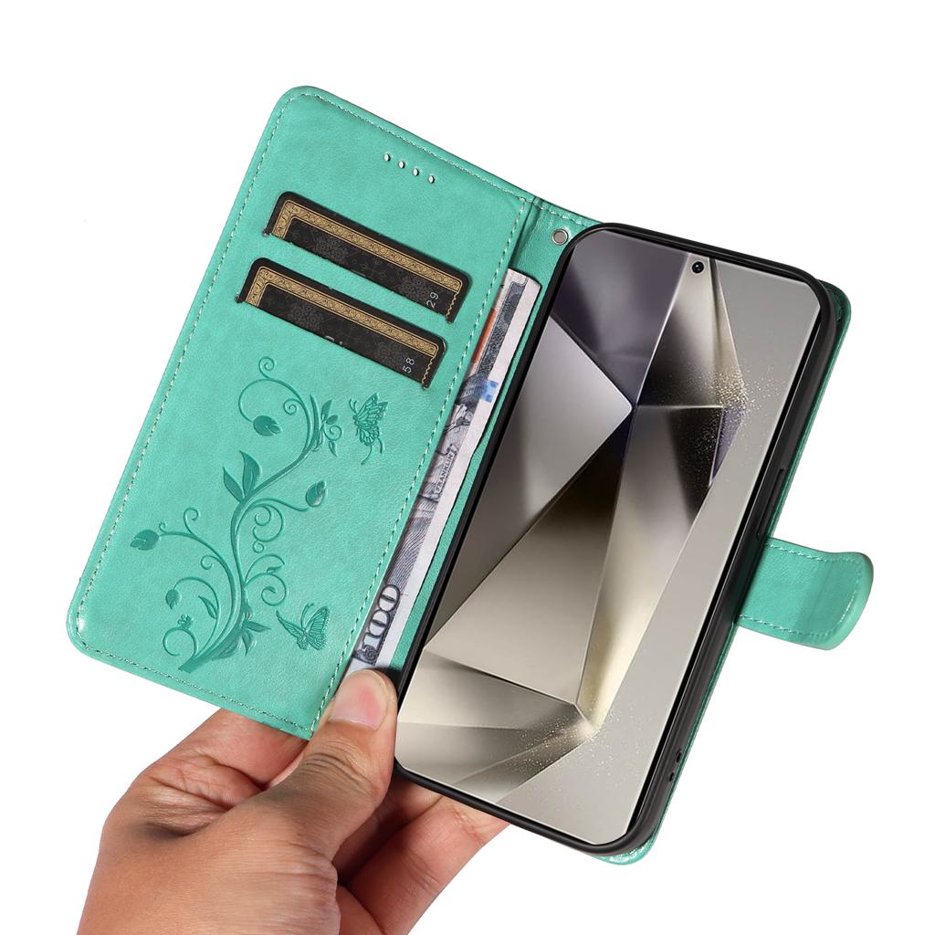 For Samsung Galaxy S25 Ultra PU Leather Cases Flower Pattern Wallet Stand Phone Cover with Strap