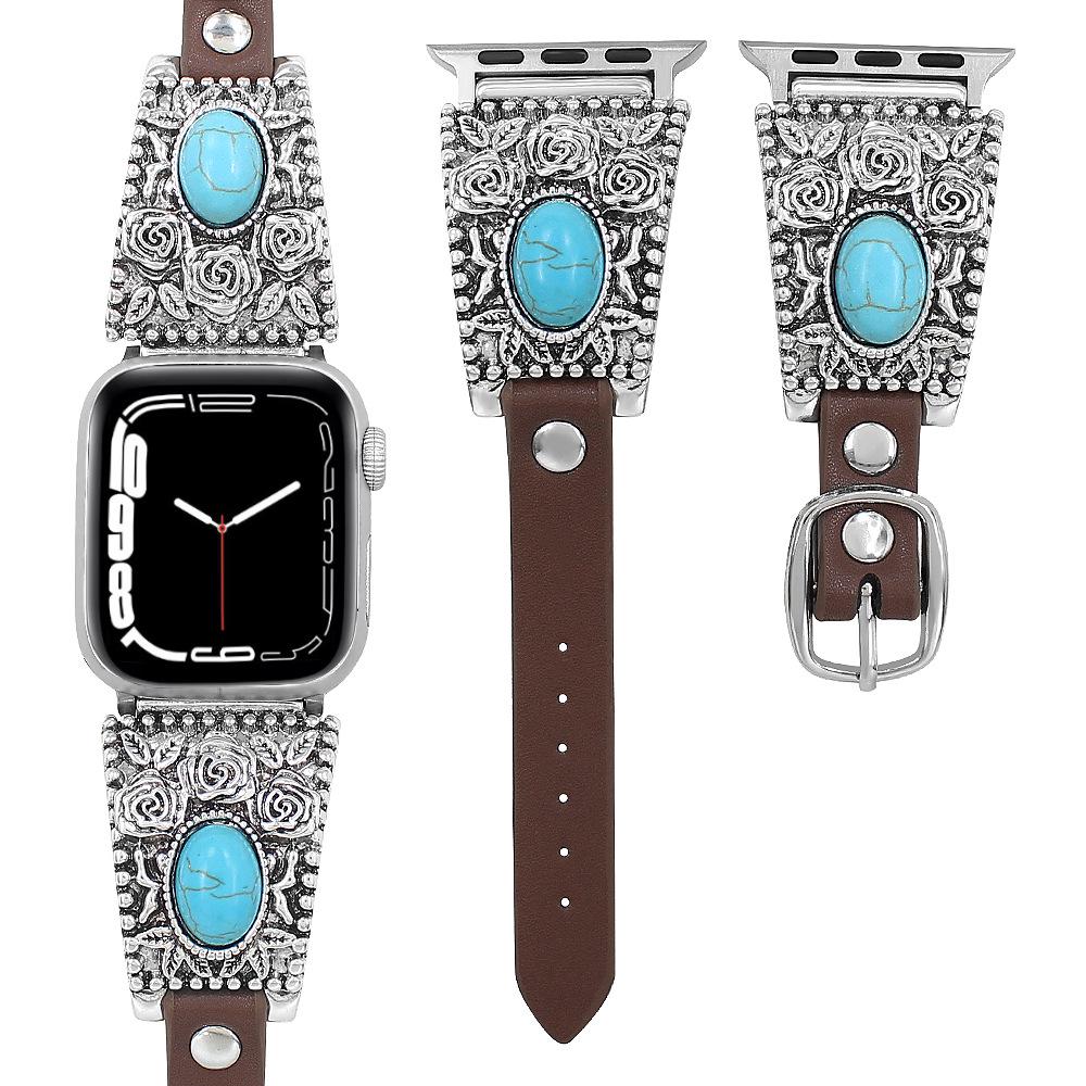 

Turquoise Retro Floral Leather Strap for Apple Watch S10/S11 - Hot Sale 42/44/45/49/46mm срібний