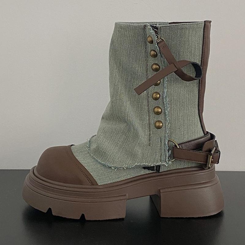 

Fashion High Quality Brand Designer Ankle Boots Women Rivet Decoration Western Denim Boots Fashion Non-slip Thick Bottom Platform Shoes 35 зелёный