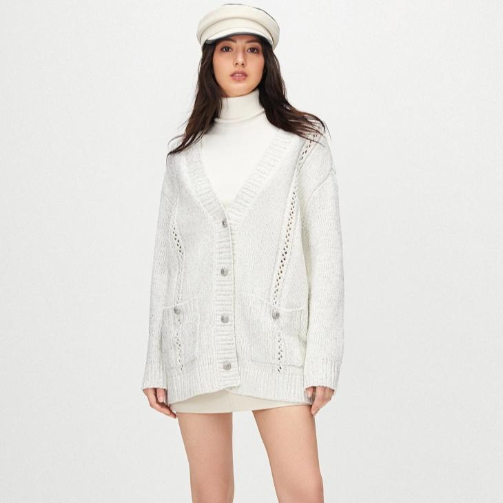 Dimanaf 2025 Sweaters Solid Cardigan Autumn Pockets Women Print V-Neck Sweaters Knitting Loose Sweater