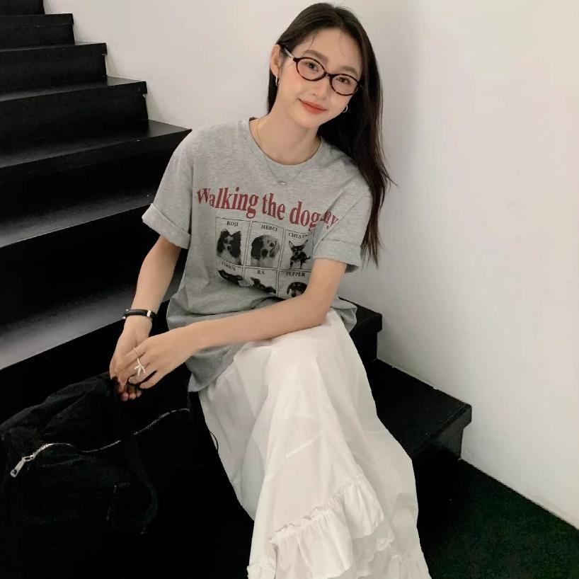 Amerikanische Vintage lustige Tierdruck High Street Kurzarm T-Shirts für Damen 2025 Sommer lässig lockeres T-Shirt Harajuku grau Damen T-Shirt Y2K Oberteile