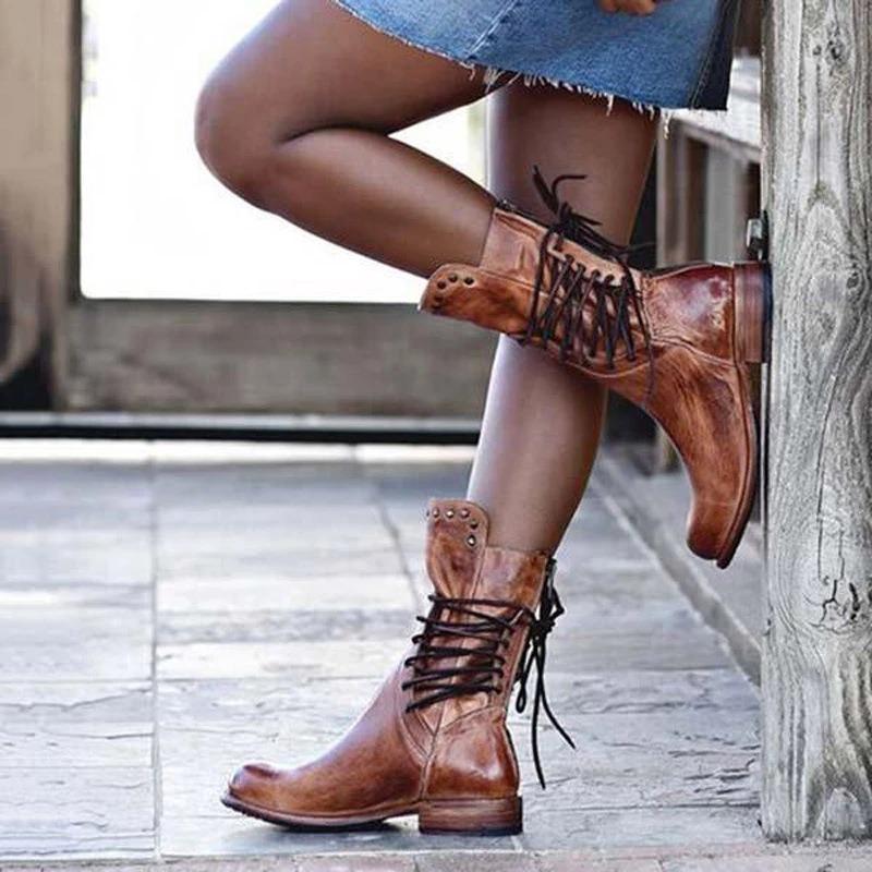 Large Size Side Straps Western Denim Style Round Head Rivet Women's Boots Emu Autumn and Winter New Square Heel Medium Tube Women's Shoes