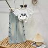 Girls Summer Thin Suit Middle and Big Children Design Short T-shirt + Wide Leg Pants Two-piece Set