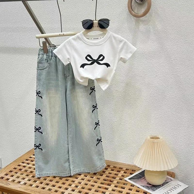 Girls Summer Thin Suit Middle and Big Children Design Short T-shirt + Wide Leg Pants Two-piece Set