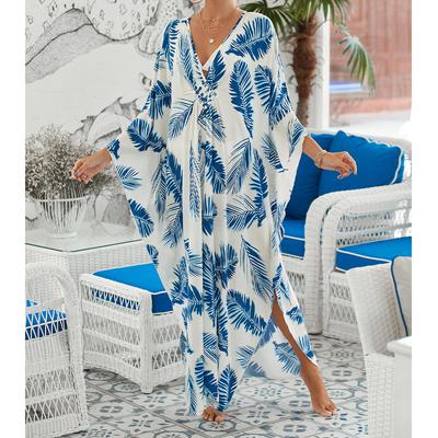 Women's Boho Cover Up, Plus Size Contrast Loose Fit Vacay Beach Kaftan Dress