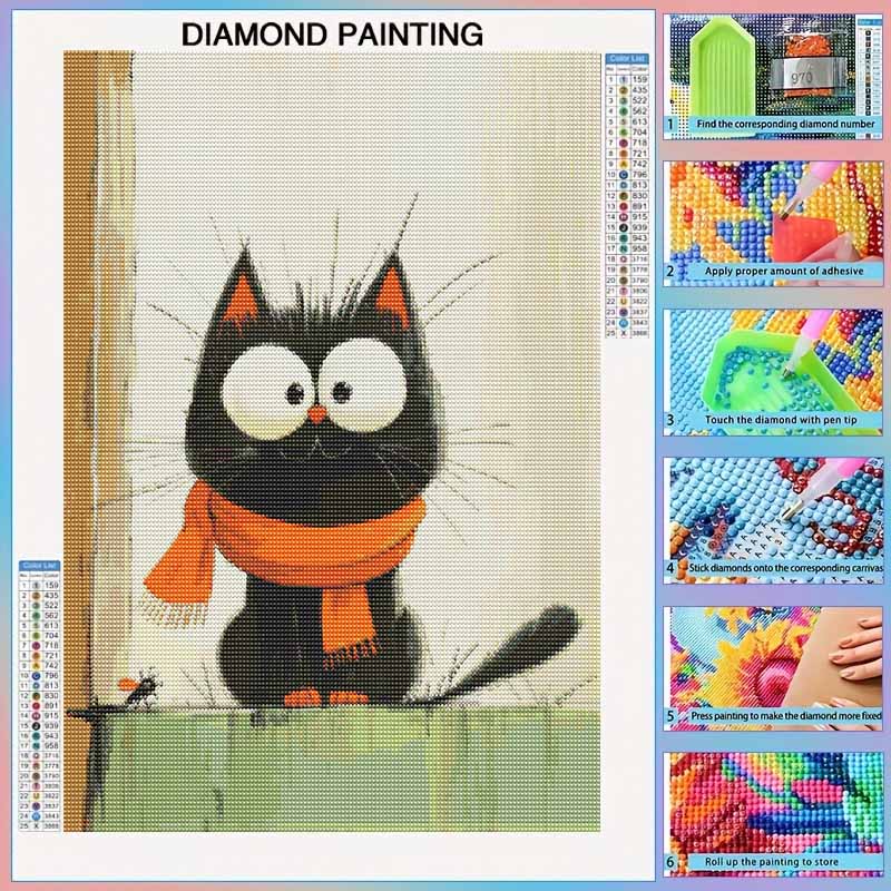 DIY Full Drill Diamond Painting Kit Cute Black Cat Wearing Orange Scarf Rhinestone Art Canvas for Cozy Home Decor Gift Wall Art Decor