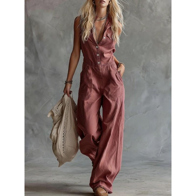 2025 Linen Cotton Sleeveless V-Neck Jumpsuit High Waist Straight Leg Casual Boho Romper Women Teens Youth