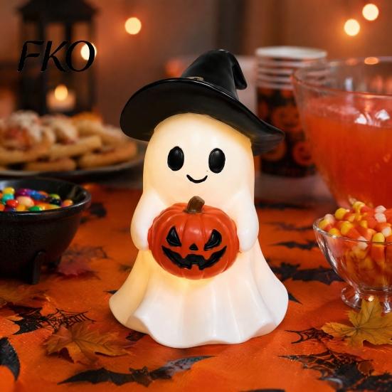 LED Pumpkin Decor Halloween Ghost Figurine, Cute Resin Holding Spooky Table Centerpiece Statue for Desk Tabletop Indoor Home Safe Flameless