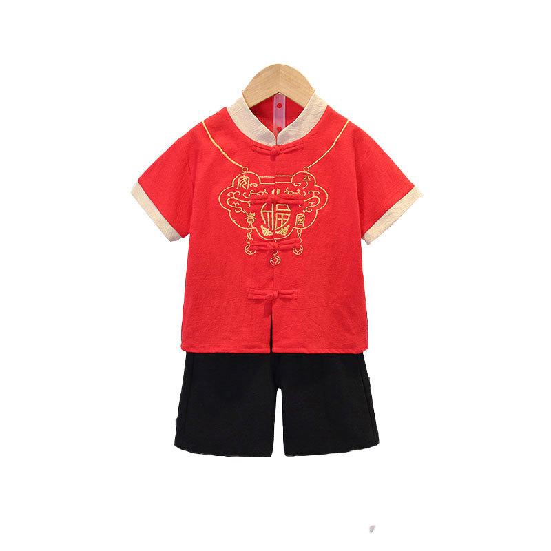 Chlapecký letní dvoudílný set Hanfu pro týden úplňku Krásný pro malé děti Čínský styl Letní oblečení Prodyšný Tang Suit Oblečení Set kalhot
