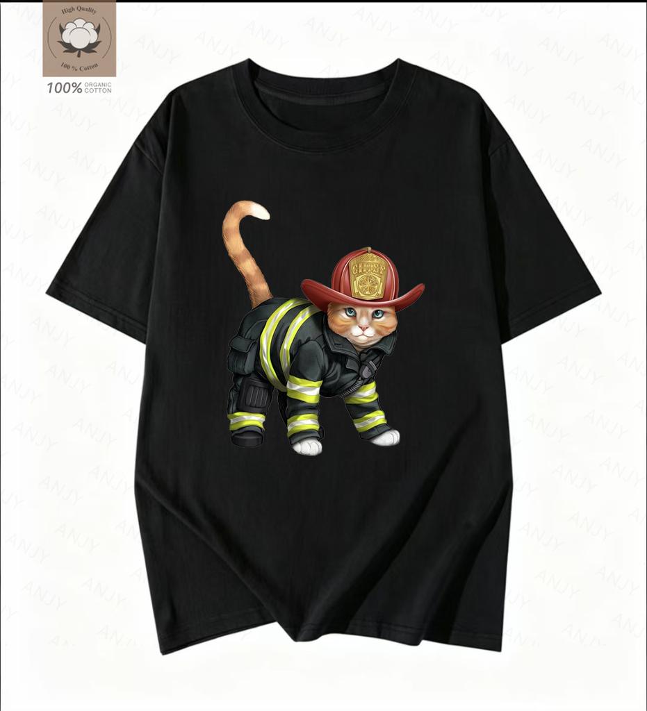 Simple Cartoon Firefighter Printed Tshirt Pays Tribute To The Daily Commuting Short Sleeved Reverse Traveler