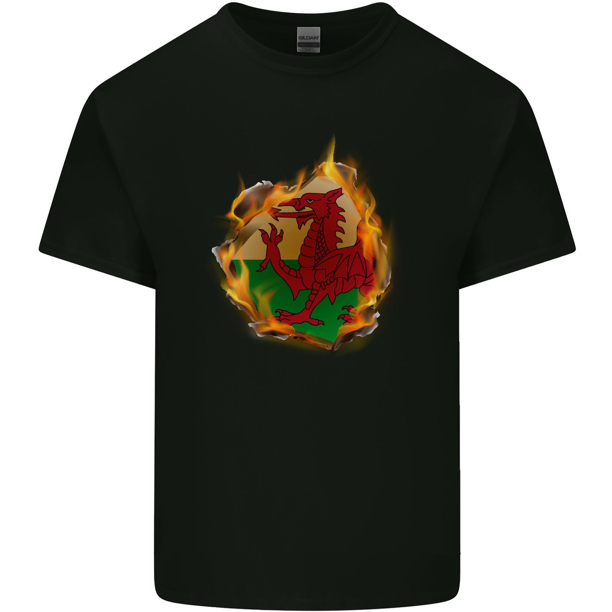 The Welsh Flag Fire Effect Wales Mens Light Cotton T-Shirt XXXL