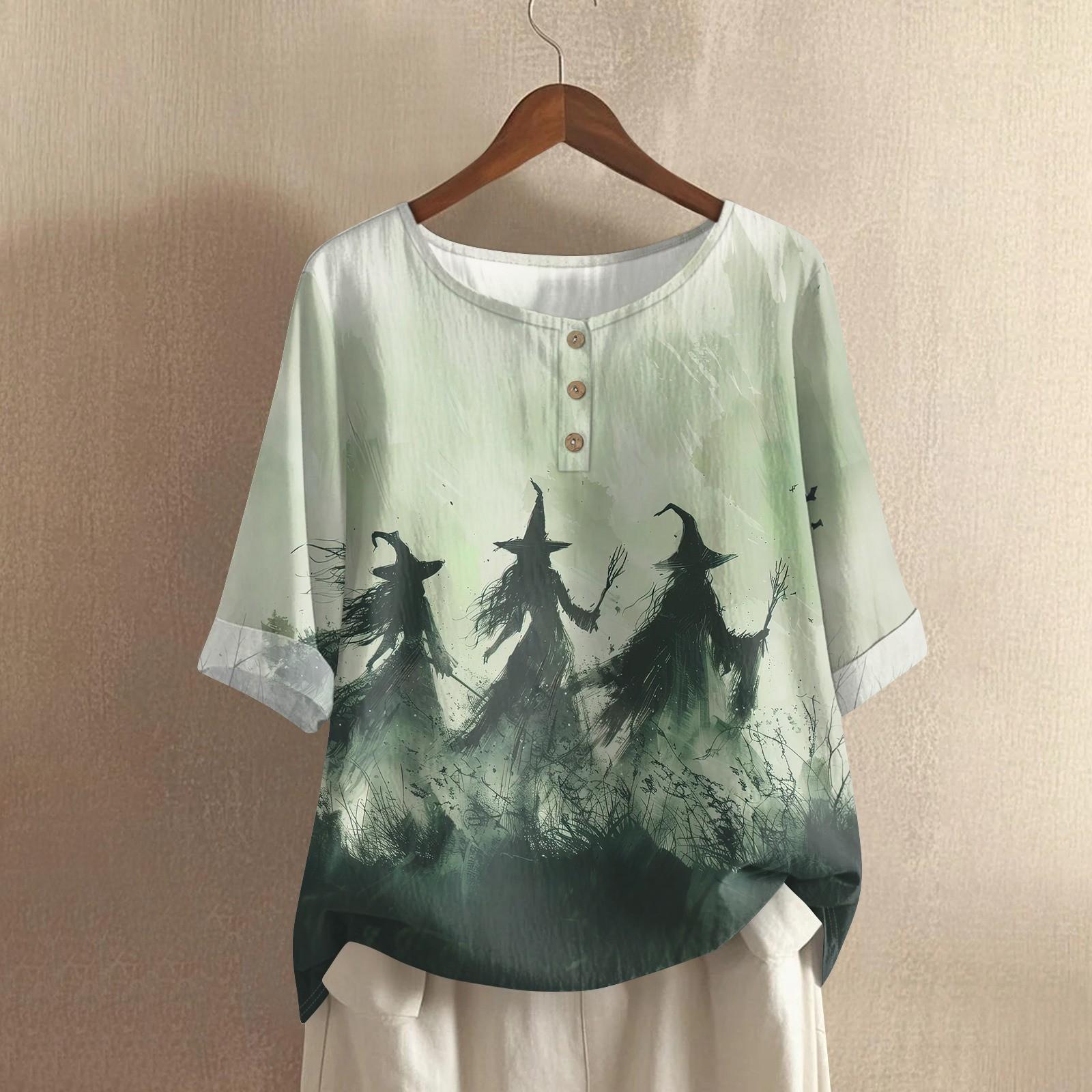 

Women s Fashionable And Casual Shirt Half-sleeve Round Neck Print Cotton And Linen Blouse Top XL