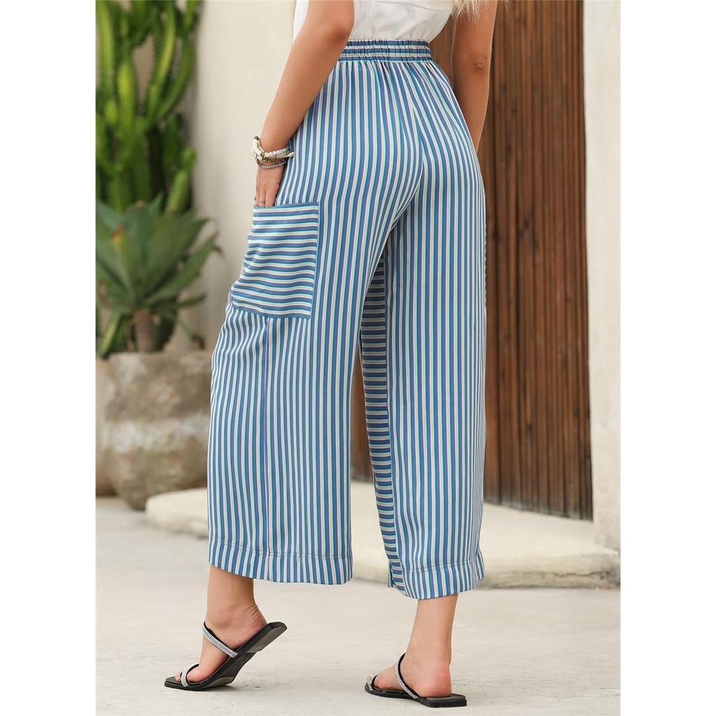 Women's pants summer striped straight pants drawstring wide-leg beach casual pants