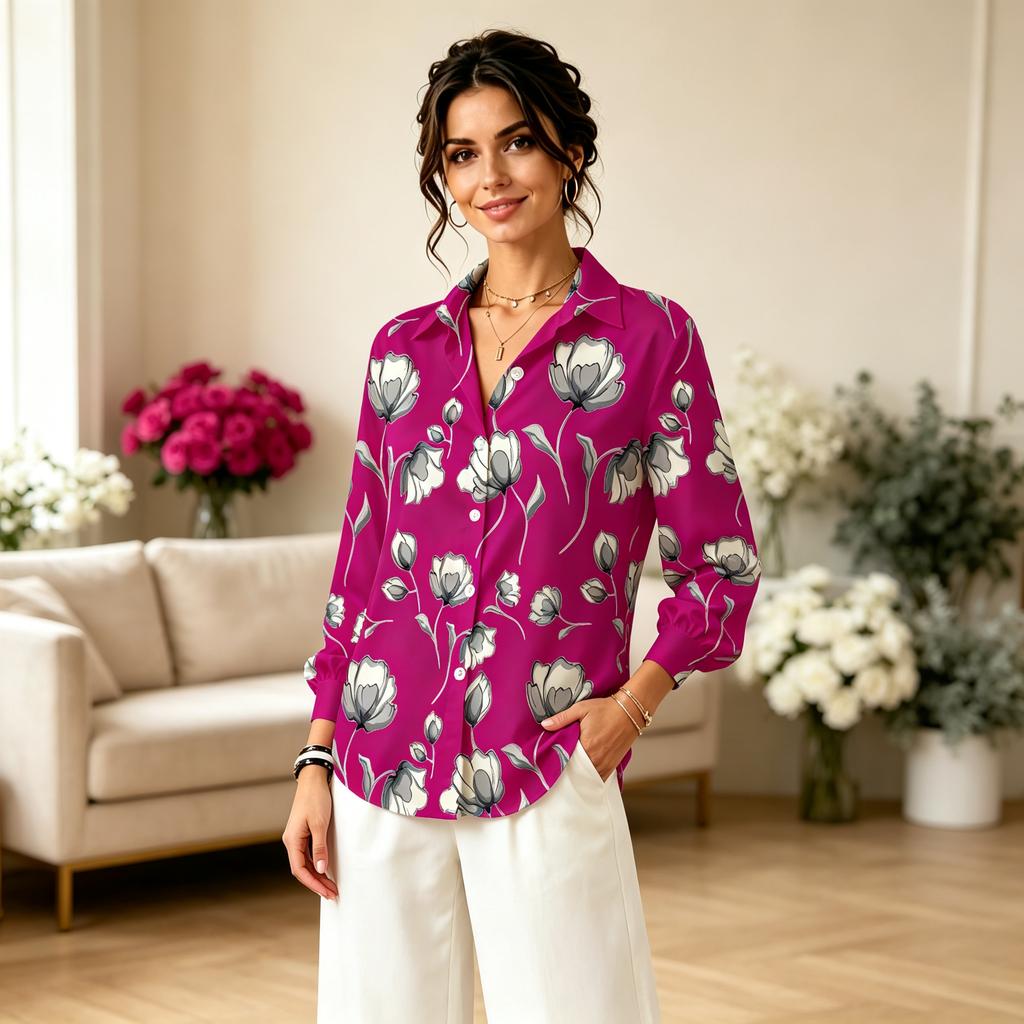 Women Lapel Long Sleeve Green Big Floral Print Shirt, Simple Thin Blouse for Office Work, Daily Wear & Holiday