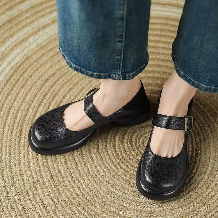 2025 Spring and Summer New Soft Leather Thick-soled Black Light Mouth Mary Jane Shoes Women's Thick Heel Muffin Bottom Round Head Soft Leather Si
