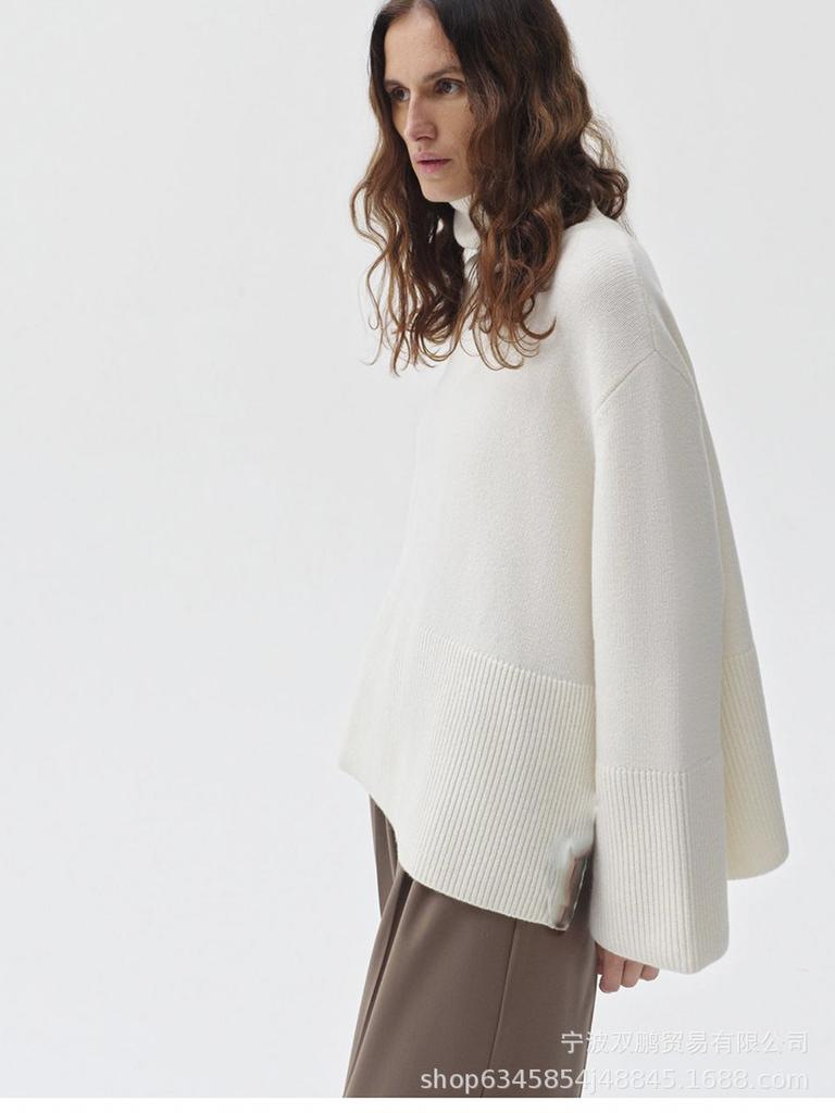 Slit Loose Knitted Pullover Color High Neck Loose Women's Sweater