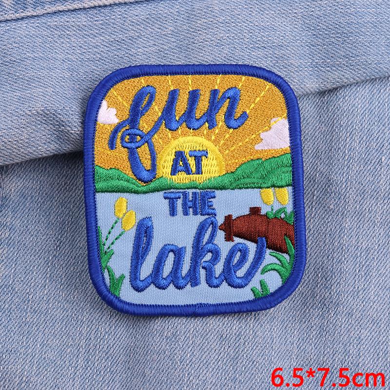 Merrow Border Letter Logo Slogan Embroidered Patches DIY Iron On Patches For Clothing Backpack Jackets Hats Sew Badges Stickers