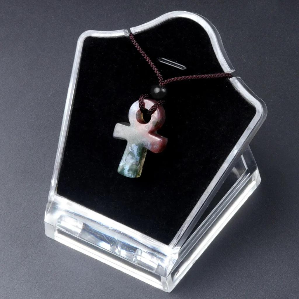 AnKa náhrdelník z přírodního kamene křišťálové acháty Crux Ansata křížový přívěsek pro ženy dárkový řetízek k narozeninám 32cm