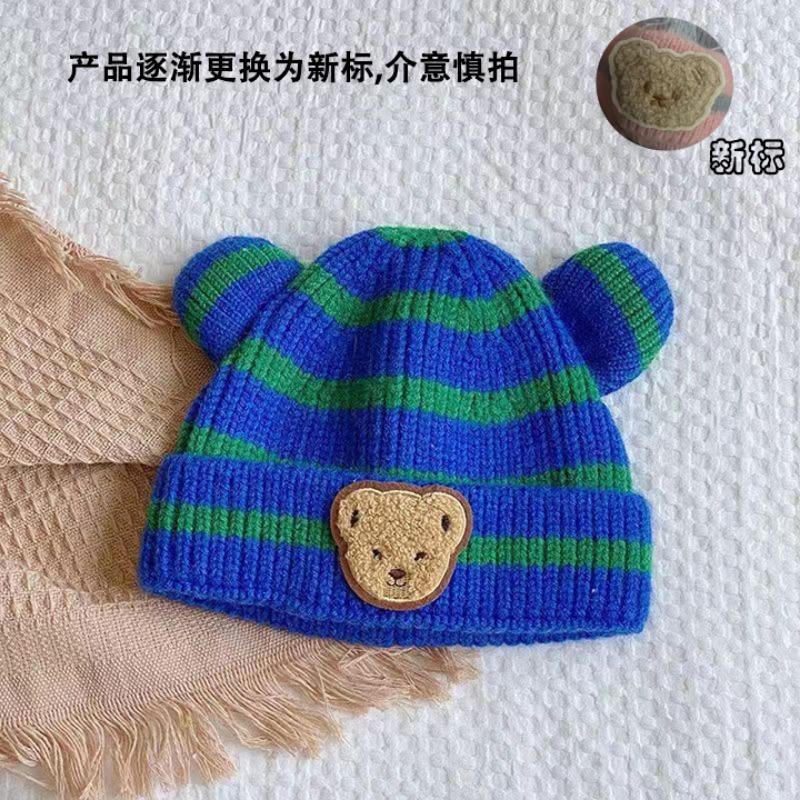 A Autumn and Winter Children's Knitted Hats, Boys and Girls, Striped Bear Wool Hats, Curled Melon Rind Warm Hats