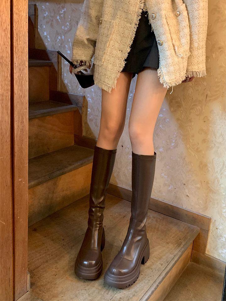 Elastic Thin Boots 2025 New Thick-soled Heightening Comfortable Foreign-style Small Long Boots Women's Knee Knight Boots