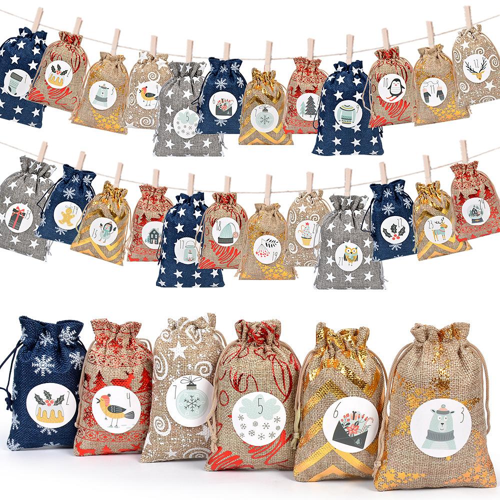 24pcs Christmas Arrival Countdown Drawstring Bag 24 Digital Linen Drawstring Bag Candy Drawstring Gift Bag