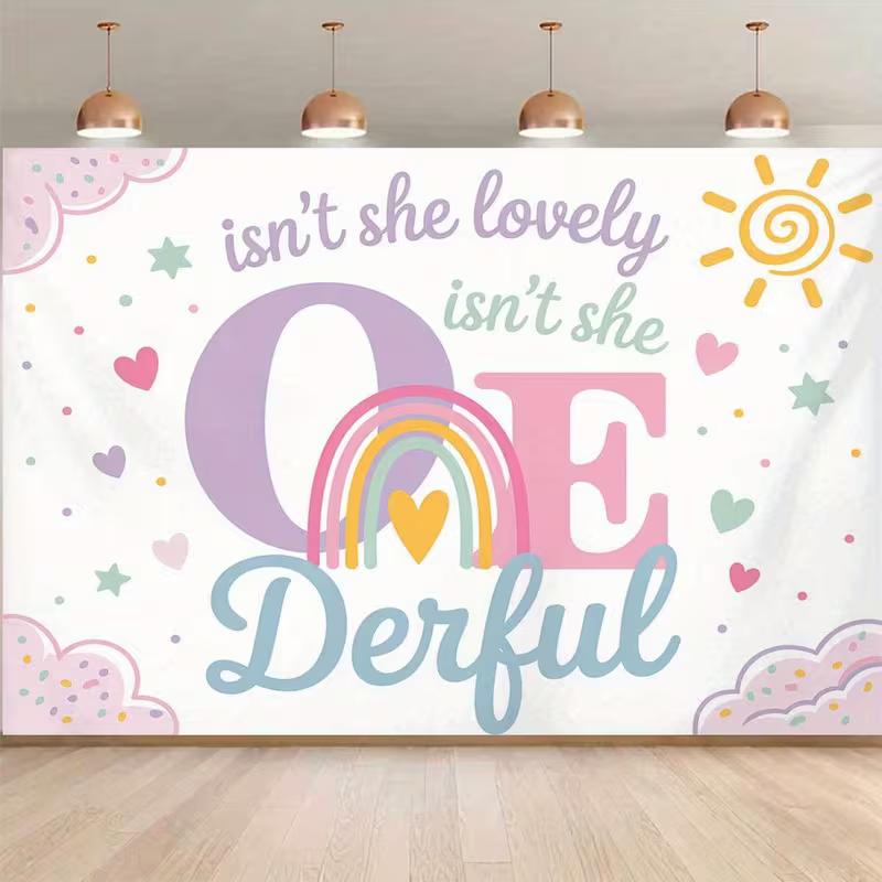 2D Flat Printing One-derful 1st Birthday Background Cloth, Pastel Rainbow Party Decor