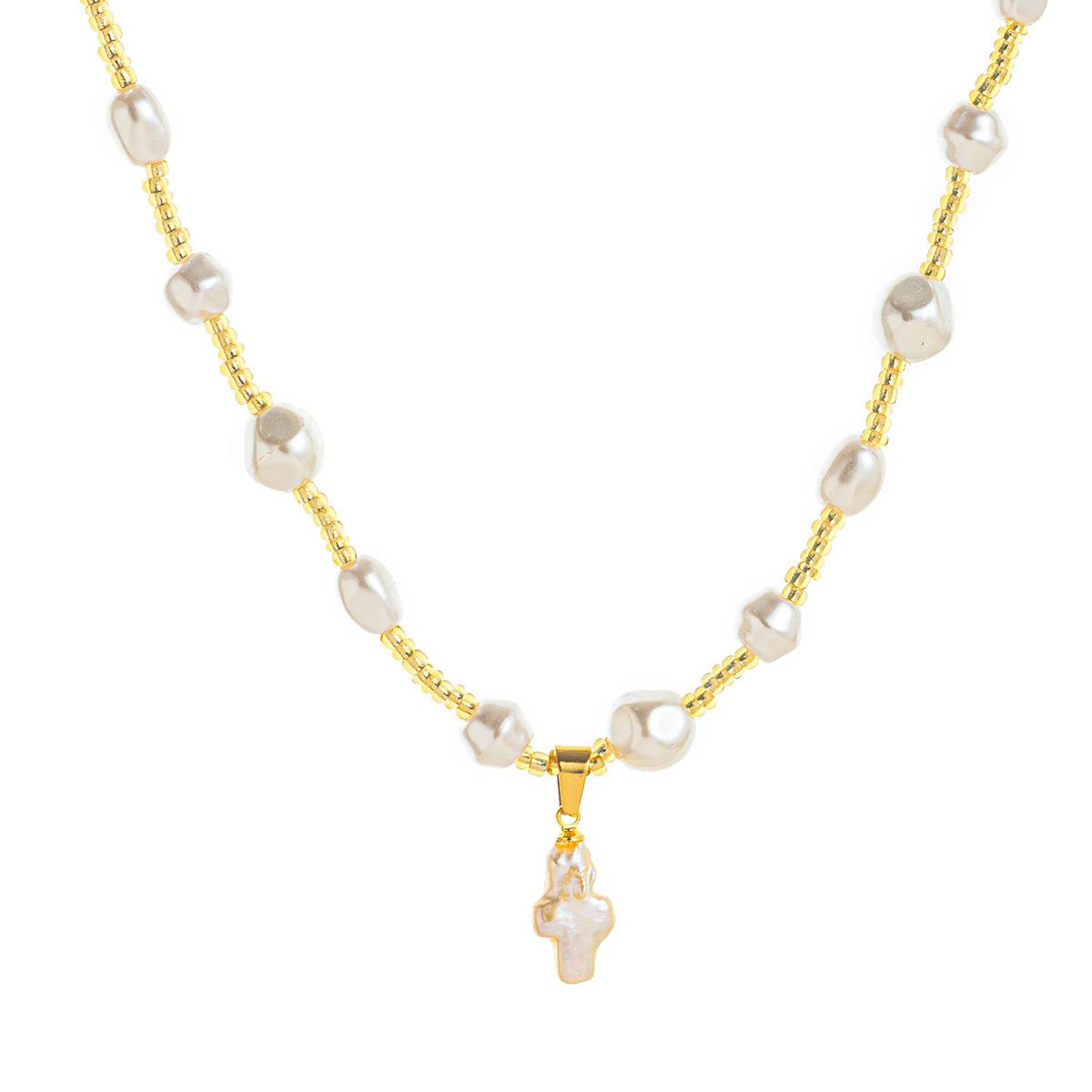 

Natural Pearl Necklace Cross Shell Pendant Vintage Literary Baroque Collarbone Chain Color Retaining Jewelry золотой