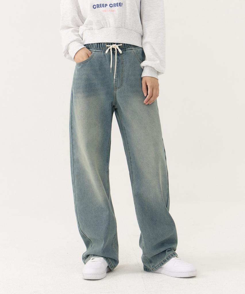 Akeusi Easy Fit Elastic Waist Wide Denim Pants Unisex (Light Blue)
