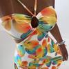 New Stylish and Elegant Printed Halter Neck Sleeveless Sexy Waist Hollow Vacation Dress