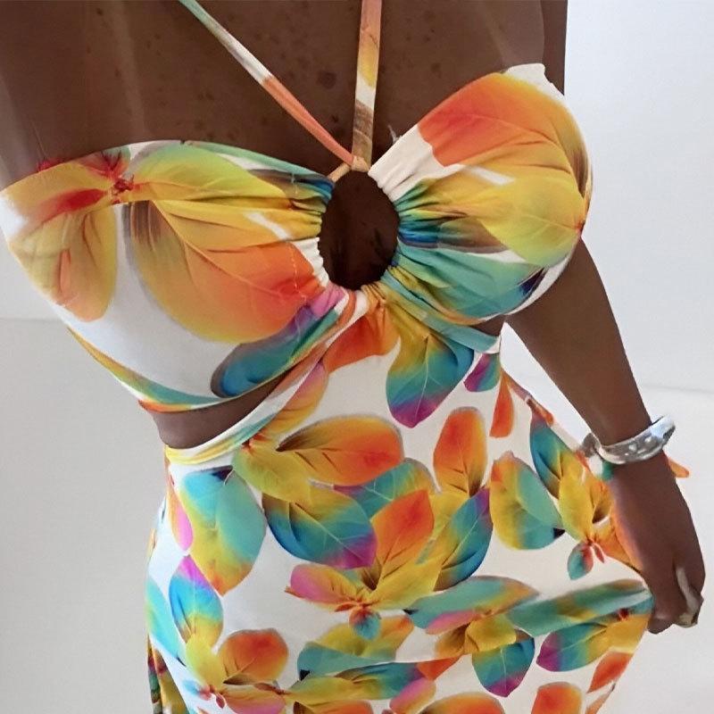 New Stylish and Elegant Printed Halter Neck Sleeveless Sexy Waist Hollow Vacation Dress