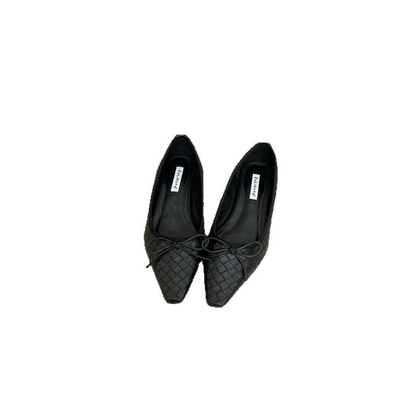 Flat Bottom Woven Light Mouth Single Shoes Women's 2025 Summer New French Bow with Skirt Versatile Grandma Shoes