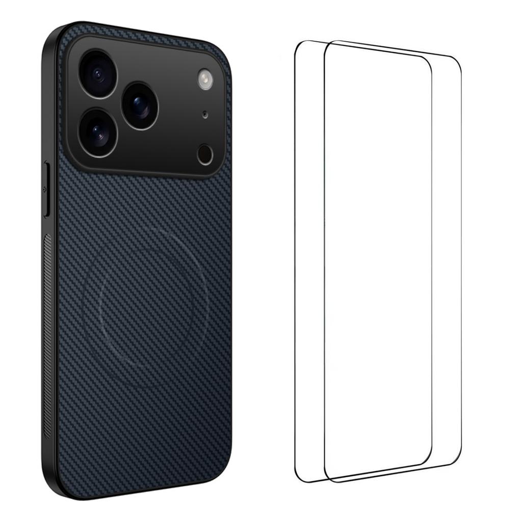 For iPhone 17 Pro Magnetic Case WANLONFENG TQ1 Series Carbon Fiber Texture PC TPU Phone Cover with 2Pcs Screen Films