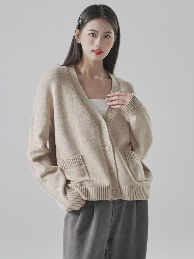 Spring 2025 V-neck Loose Knit Cardigan for Women - Casual, All-Match Sweater Jacket