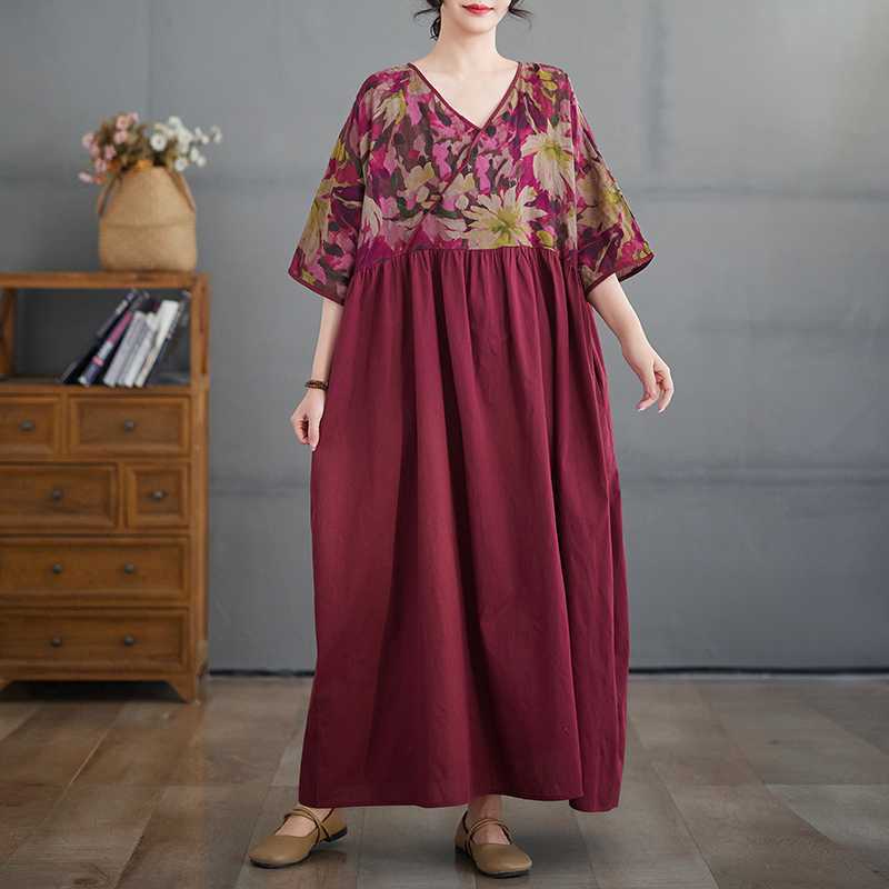 Cotton and Linen Summer Patchwork Retro Style Dress, Plus Size Long Skirt
